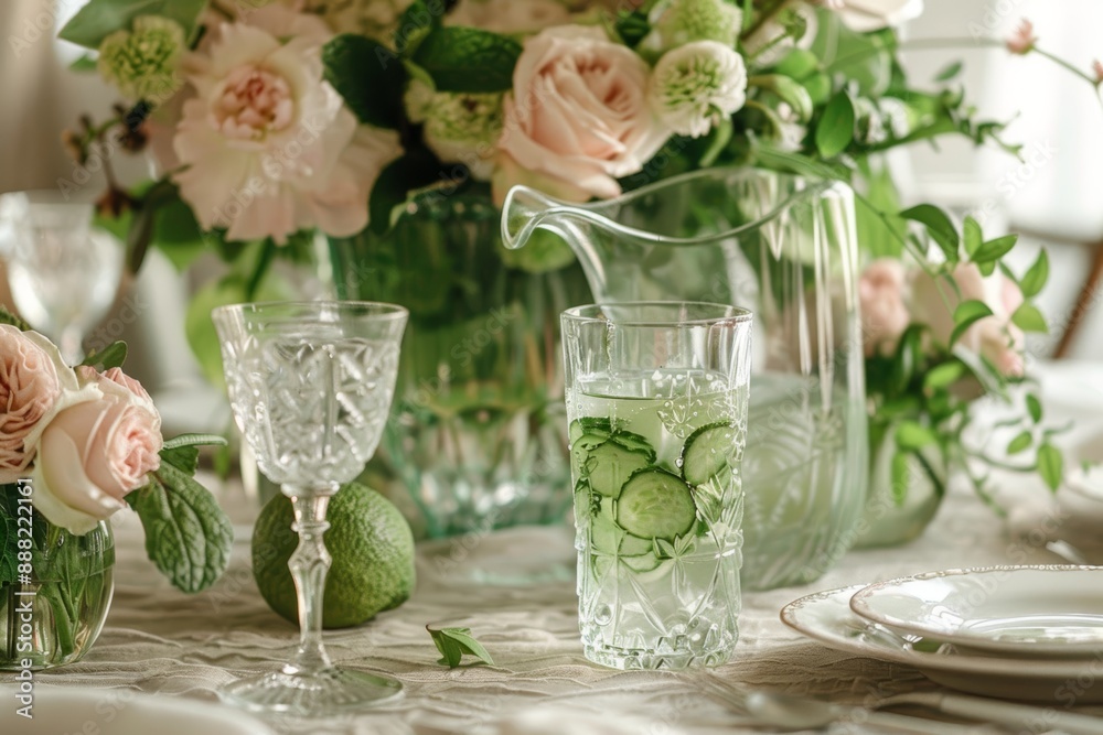 Elegant Floral Table Setting with Cucumber Infused Water for Weddings and Celebrations Elegant Floral Table Setting with Cucumber Infused Water for Weddings and Celebrations