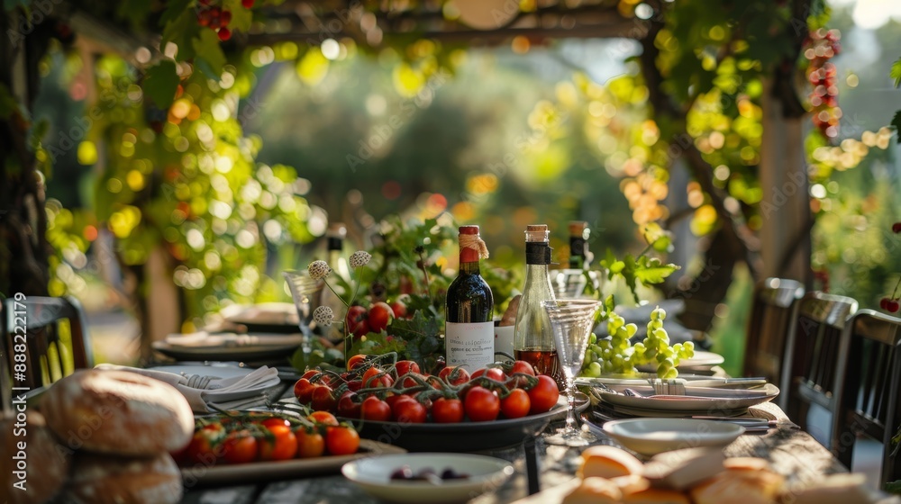 Rustic Outdoor Dining Table Under Pergola with Fresh Tomatoes, Artisanal Bread, and Olive Oil Bottles Rustic Outdoor Dining Table Under Pergola with Fresh Tomatoes, Artisanal Bread, and Olive Oil Bottles