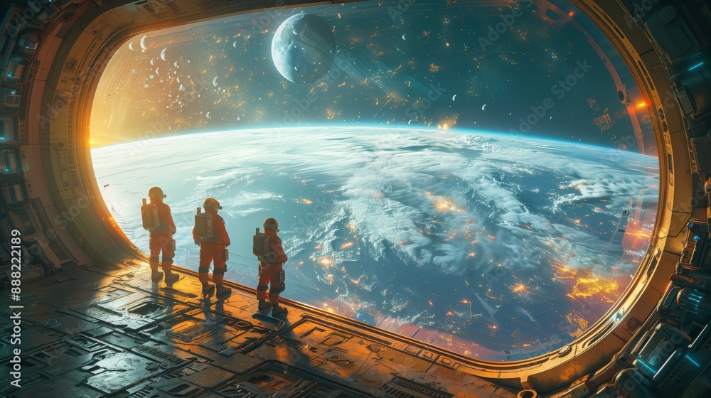 Three astronauts gaze out of a large viewport, observing Earth from space. The planet is visible in the distance, with a bright moon in the background.