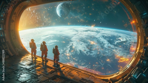 Obraz na płótnie Three astronauts gaze out of a large viewport, observing Earth from space. The planet is visible in the distance, with a bright moon in the background. w salonie