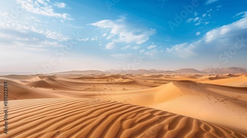 Expansive desert landscape under a blue sky with wispy clouds showcasing rippling sand dunes in golden hues during daylight