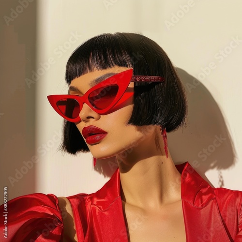 Fashion Forward: Stylish Woman in Red with Bold Sunglasses and Bob Haircut photo