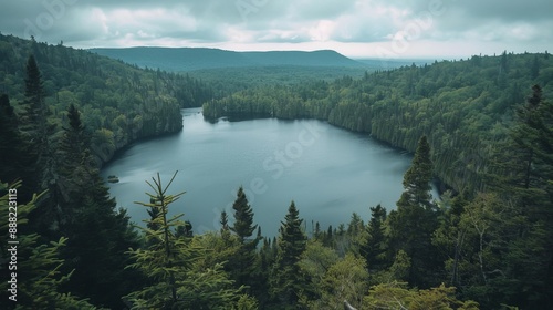 Wide view of a lake surrounded by forest.