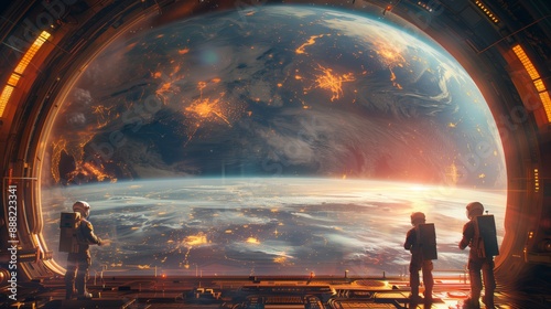 Three astronauts in spacesuits on a platform in a futuristic space station admire Earth through a large window, bathed in the warm glow of sunrise.