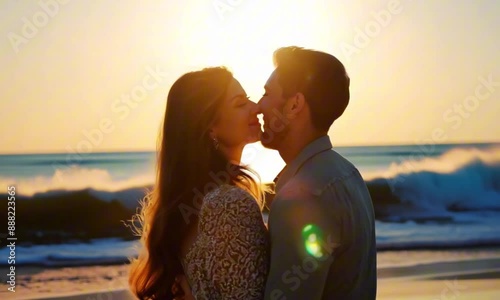 Young couple in love, man and woman together on sea sand beach, hugging and smiling at sunset, portrait. Girlfriend boyfriend summer honeymoon, leisure, dating, romance