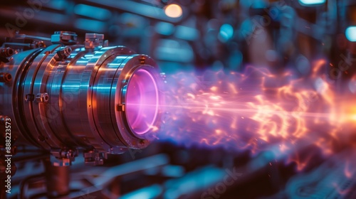 A close-up image of the ionization process within a scientific apparatus, showcasing the intense, bright, and vibrant glow of ionized gas. photo
