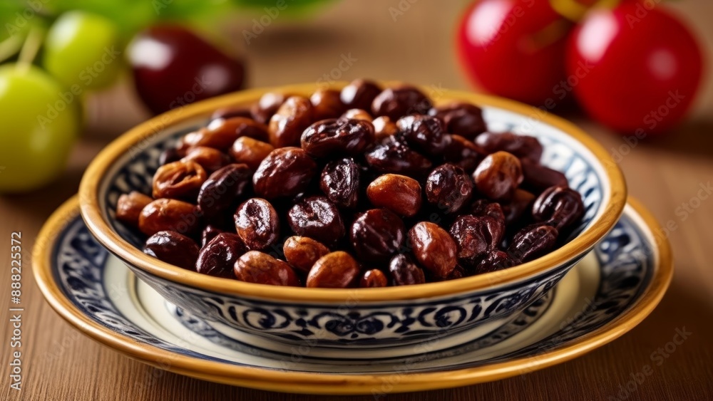 A bowl of dried fruit on a wooden table A bowl of dried fruit on a wooden table