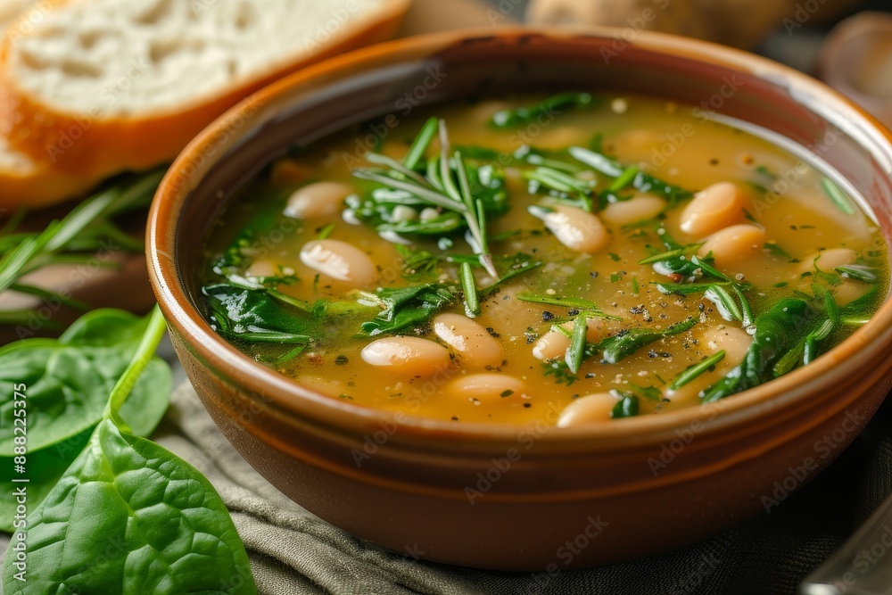 White bean spinach soup with a touch of rosemary selective focus White bean spinach soup with a touch of rosemary selective focus