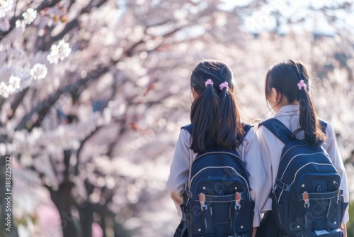 Two schoolgirls walk together under cherry blossom trees in full bloom.