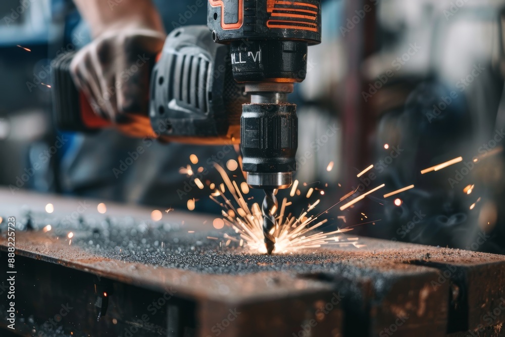 Close-Up of Power Drill Metalwork with Sparks Flying in Industrial Workshop