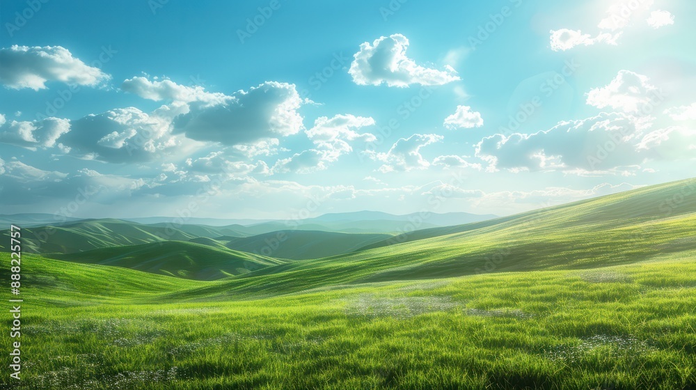 Beautiful summer landscape with green meadow and blue sky with clouds, Hilly green landscape view with green grass and beautiful sky, AI Generated