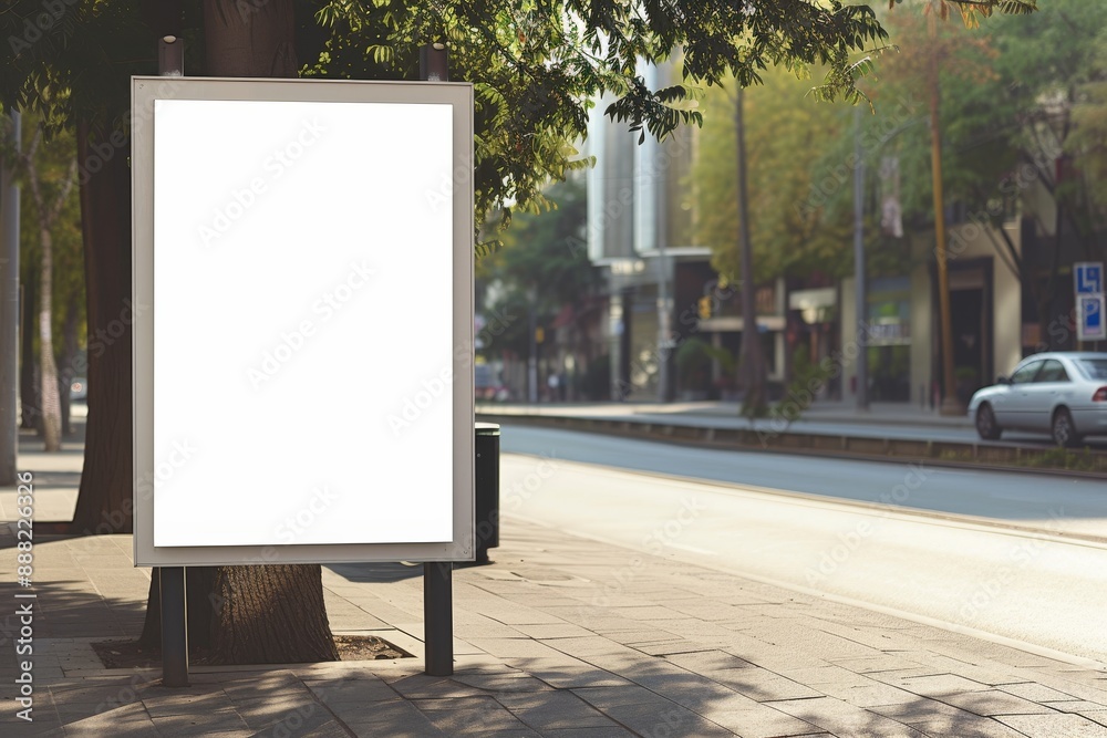 White mockup street board template on a pedestrian walkway with an empty advertisement panel on an urban road Space for your design White mockup street board template on a pedestrian walkway with an empty advertisement panel on an urban road Space for your design