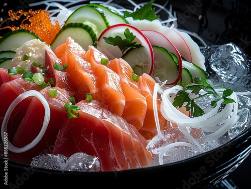 A closeup of a freshly sliced sashimi platter with salmon, tuna, and yellowtail, arranged elegantly on an icefilled, dark slate plate photo