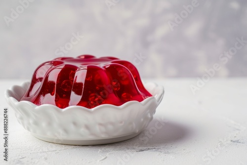 White table with white dish holding red jelly photo