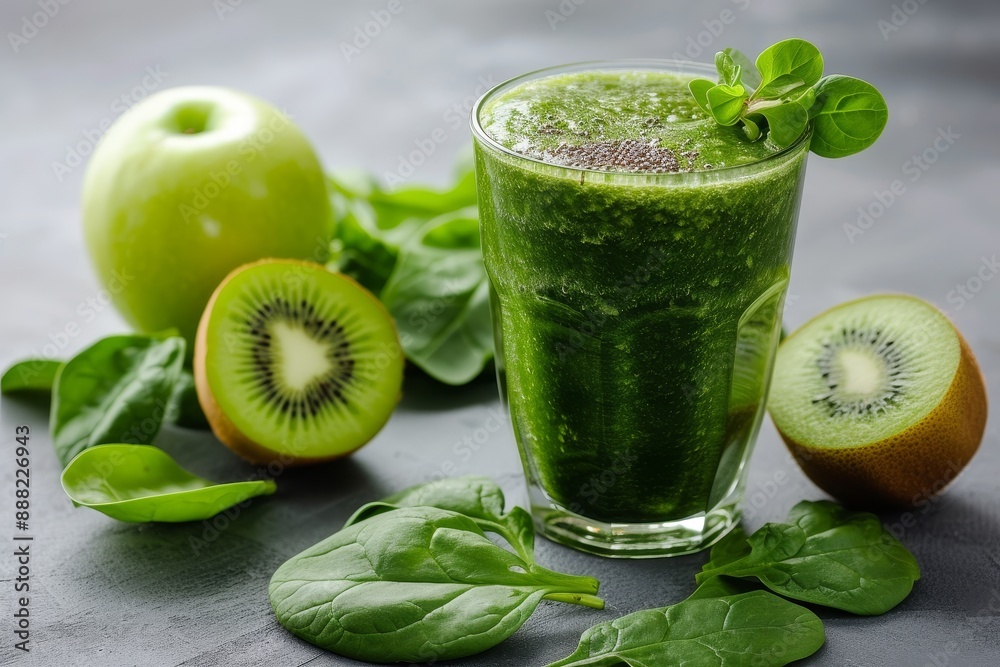 Wholesome green smoothie with spinach apple and kiwi on white promoting superfood detox and health Wholesome green smoothie with spinach apple and kiwi on white promoting superfood detox and health