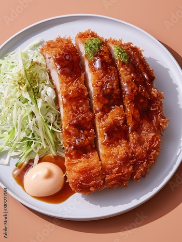 A minimalist shot of a pankocrusted katsu cutlet, sliced and fanned out on a plain white plate with a small mound of shredded cabbage and a dollop of sauce photo