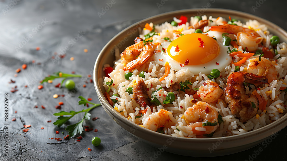 Egg Fried Rice: Cooked rice stir-fried with beaten eggs, vegetables, soy sauce, and shrimp. Egg Fried Rice: Cooked rice stir-fried with beaten eggs, vegetables, soy sauce, and shrimp.