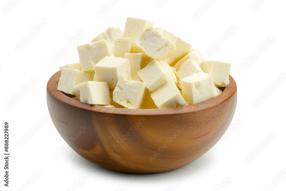 Wooden bowl with diced tofu cheese isolated on white background Wooden bowl with diced tofu cheese isolated on white background
