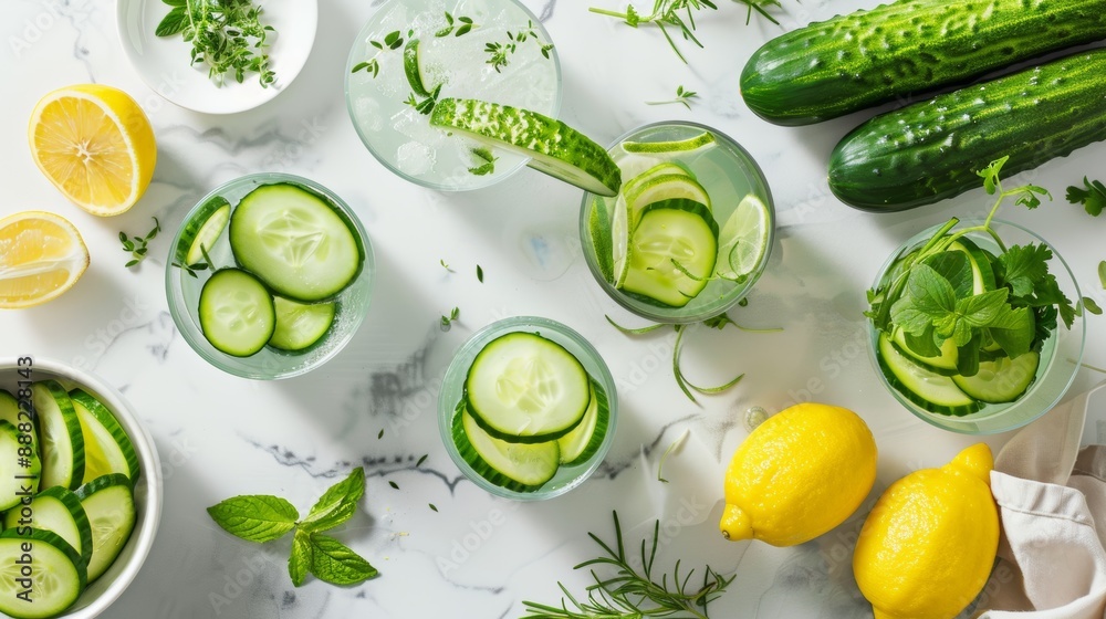 Fresh Cucumber Slices and Water with Lemon and Herbs on Marble Countertop for Health and Refreshment Fresh Cucumber Slices and Water with Lemon and Herbs on Marble Countertop for Health and Refreshment