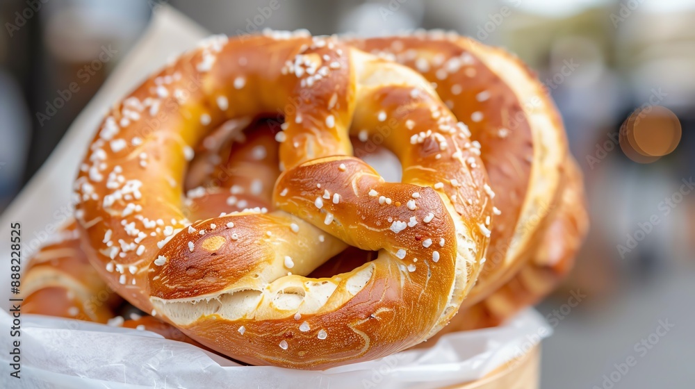 Freshly baked German pretzels hanging on a wooden stand, closeup, detailed texture of the crust, blurred Bavarian beer garden in the background