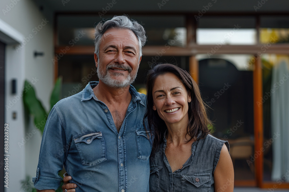 Happy elderly couple, family in front of their new beautiful modern home. Buying a house. Real estate. Insurance. Credit Happy elderly couple, family in front of their new beautiful modern home. Buying a house. Real estate. Insurance. Credit