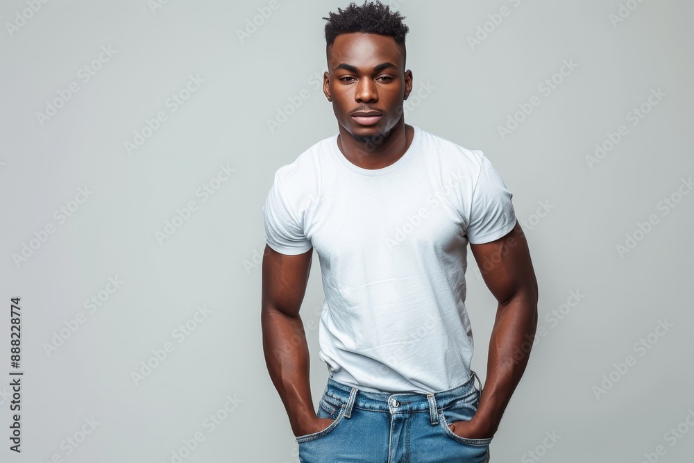 Young African American model hands in pockets wearing tight blue jeans and white t shirt Young African American model hands in pockets wearing tight blue jeans and white t shirt