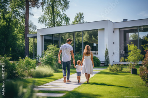 A family walks towards their new beautiful modern home. Buying a house. Real estate. Insurance. Credit