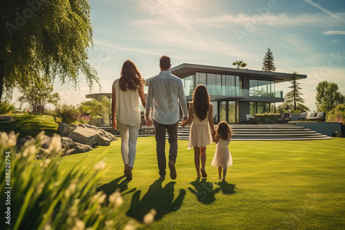 A family walks towards their new beautiful modern home. Buying a house. Real estate. Insurance. Credit