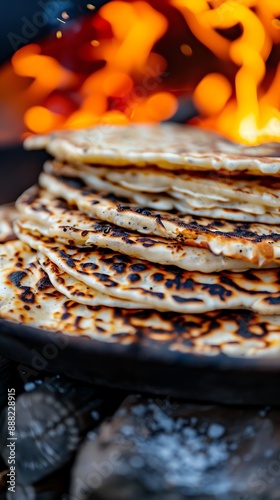 Kosovar flija, layered pancake with cream, cooked over an open flame, rural setting, traditional stone oven, family gathering photo