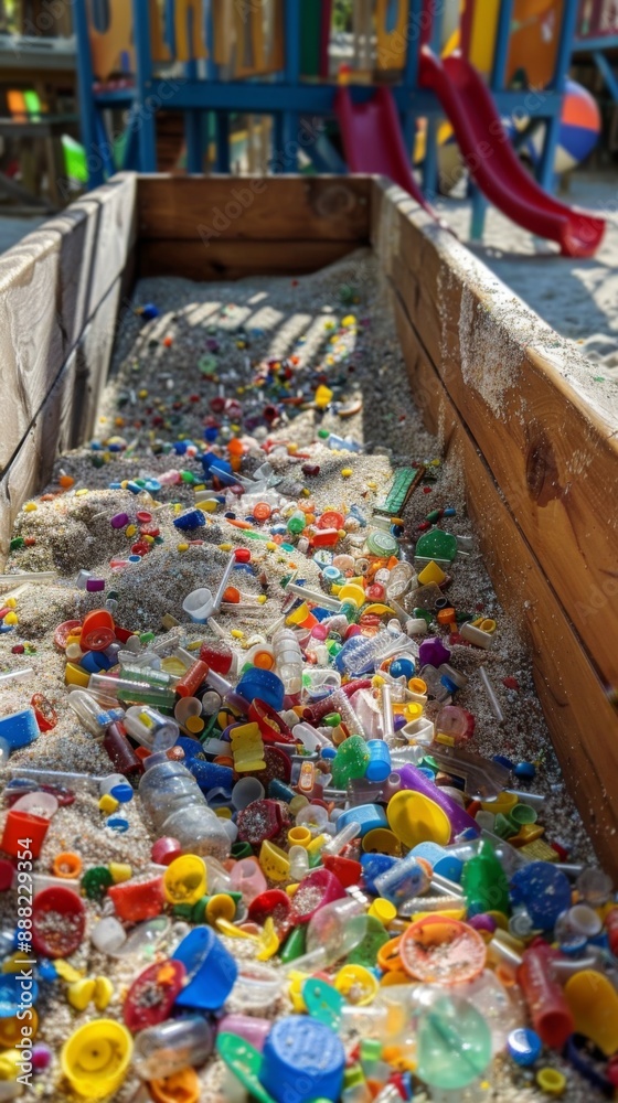 Fototapeta premium Environmental Concerns Highlighted: A Child's Sandbox Filled with Colorful Microplastics, Underscoring the Impact of Waste on Play Areas