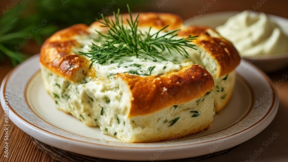 Deliciously baked bread with creamy filling garnished with fresh herbs Deliciously baked bread with creamy filling garnished with fresh herbs