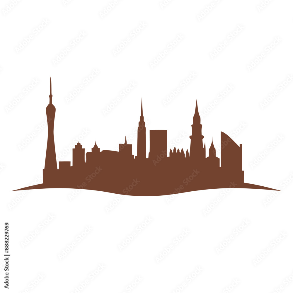 Naklejka premium Silhouette of a city skyline with various buildings and towers.