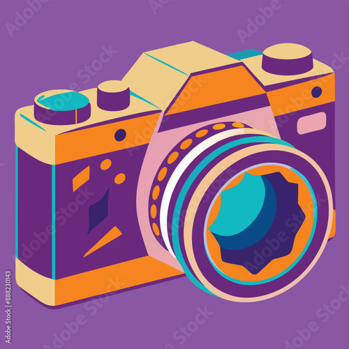 Vibrant retro-style camera illustration on a purple background.