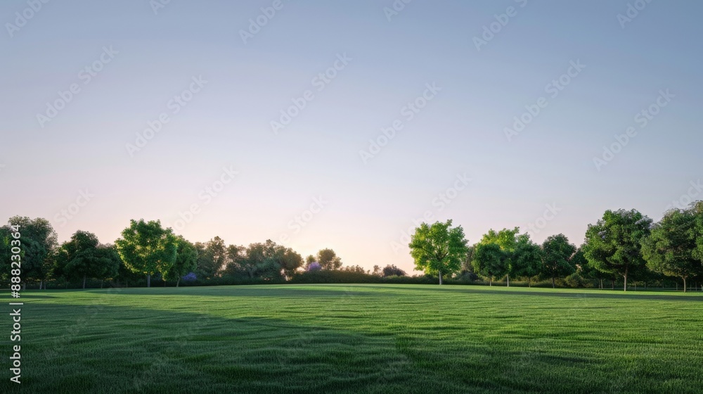 A tranquil landscape of a green field with trees and a sunrise A tranquil landscape of a green field with trees and a sunrise