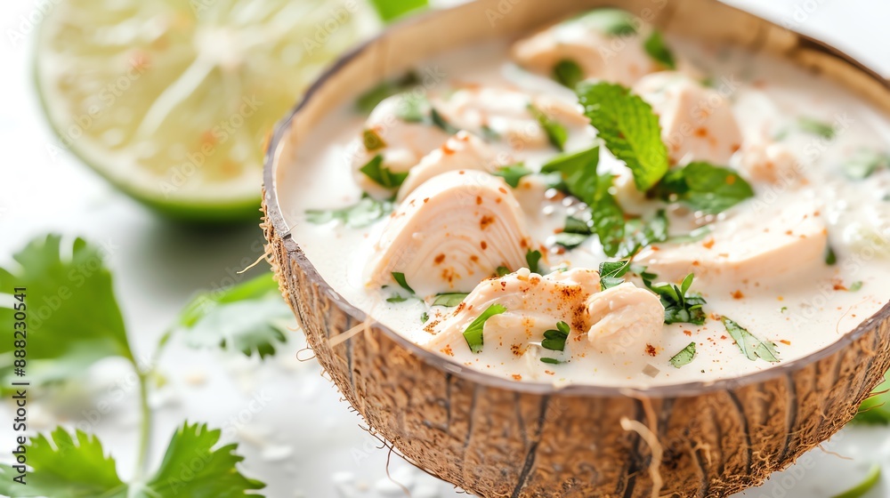 Tom Kha Gai, coconut chicken soup, served in a young coconut, tranquil beach setting Tom Kha Gai, coconut chicken soup, served in a young coconut, tranquil beach setting