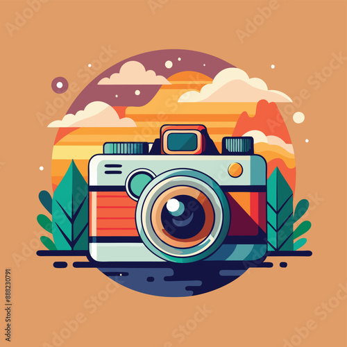 Vibrant retro-style camera illustration on a purple background.