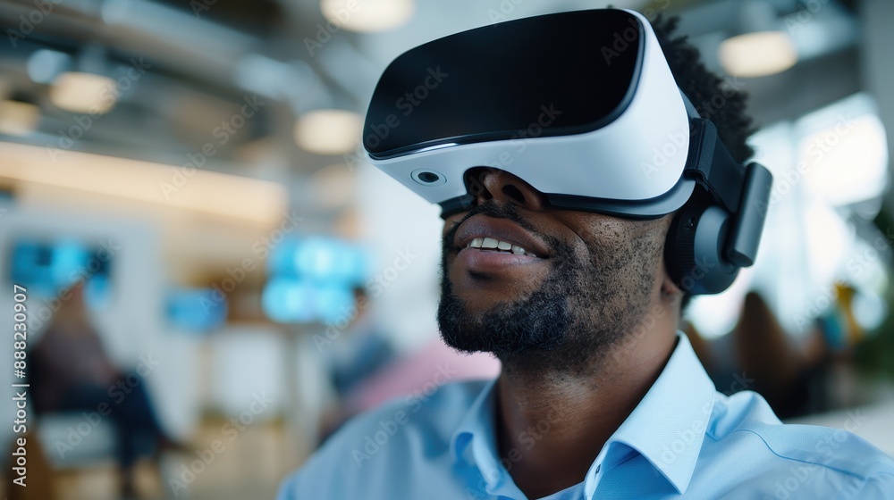 A tech-savvy individual engages with a virtual reality headset in a modern office environment, highlighting the merging of technology and professional landscapes. A tech-savvy individual engages with a virtual reality headset in a modern office environment, highlighting the merging of technology and professional landscapes.
