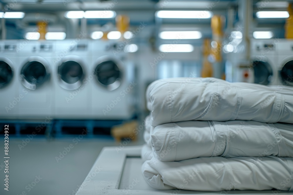 Fototapeta premium Clean bed sheets stacked in front of industrial washer in factory Focus on washers
