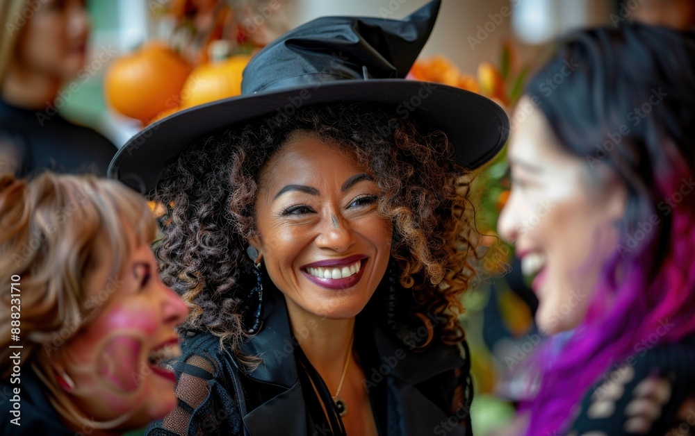 A woman wearing a witch hat smiles while standing with friends at a fall festival A woman wearing a witch hat smiles while standing with friends at a fall festival