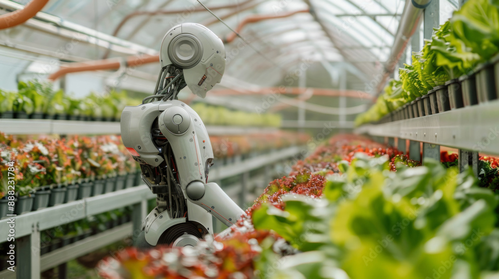 A robot is working in a greenhouse, tending to the plants