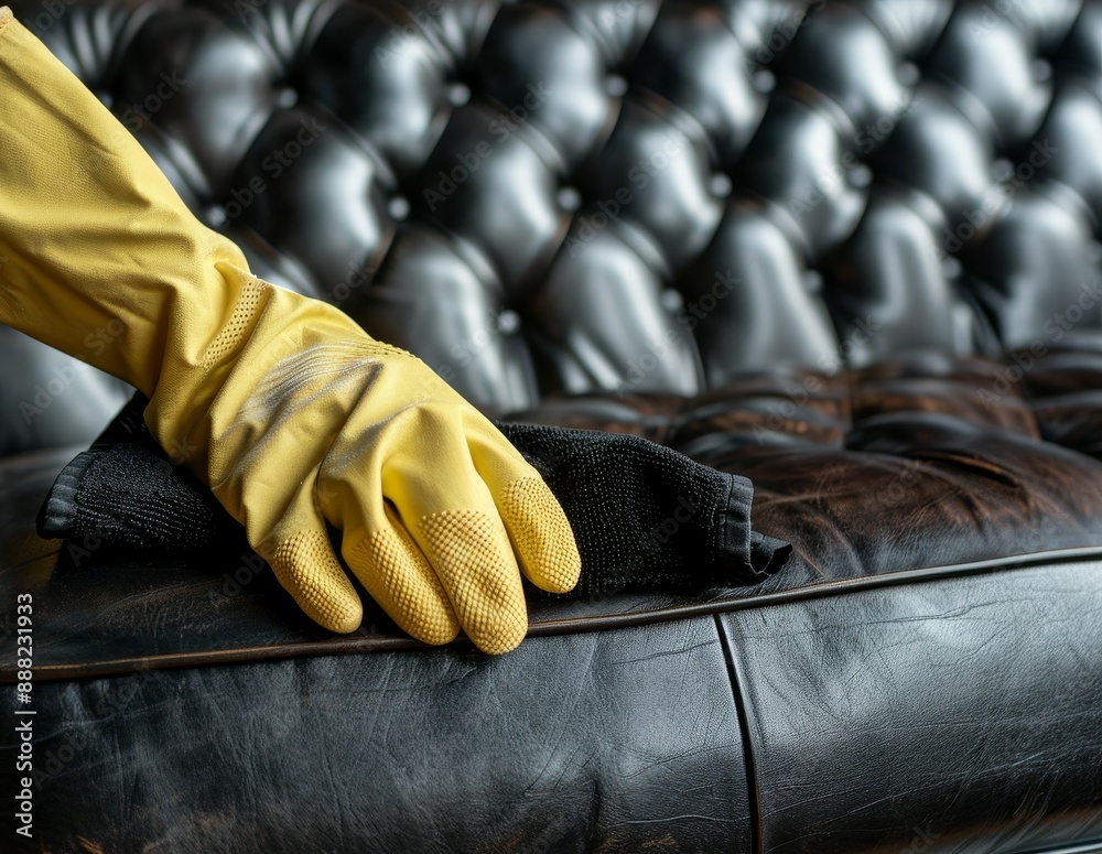 Employee uses rubber protective glove and microfiber cloth to clean luxury black leather chester sofa Commercial cleaning Employee uses rubber protective glove and microfiber cloth to clean luxury black leather chester sofa Commercial cleaning
