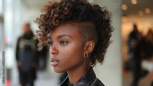 Curly Frohawk: A striking frohawk hairstyle with tight curls and shaved sides, perfect for a fashion-forward event or a hip-hop concert, making a powerful, statement-making impression photo