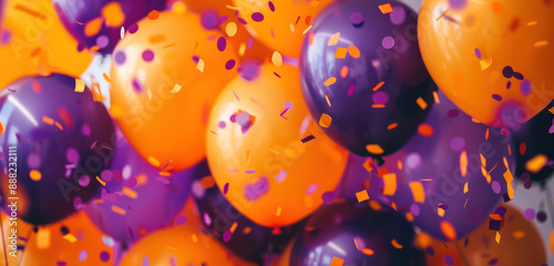 halloween celebration with orange and purple balloons surrounded by confetti on violet background photo