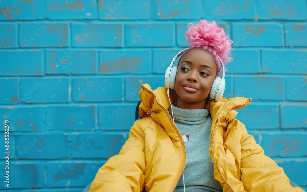 A young woman wearing a yellow puffer jacket and pink hair sits in front of a blue brick wall, listening to music through headphones A young woman wearing a yellow puffer jacket and pink hair sits in front of a blue brick wall, listening to music through headphones
