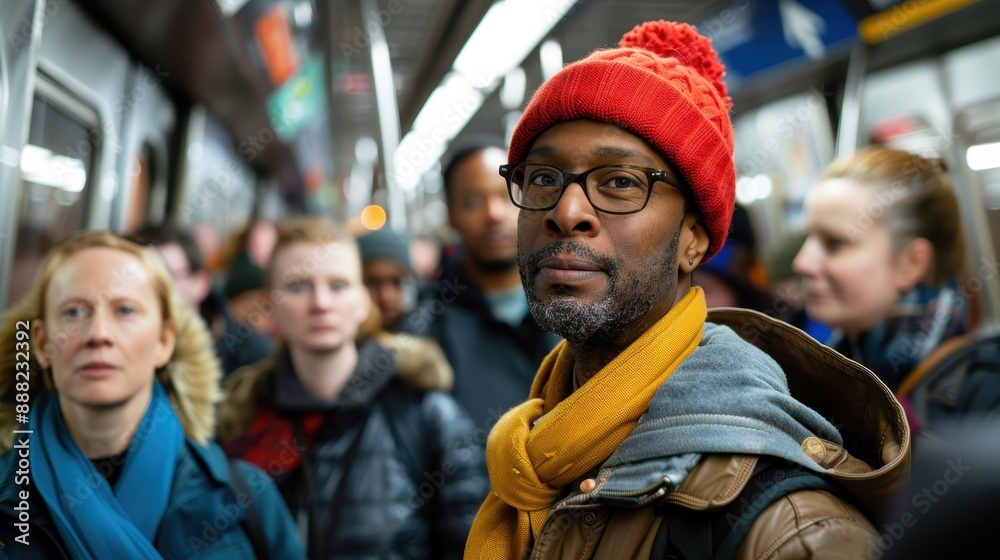 A thoughtful man in a red beanie, wrapped in layers, stands in a crowded subway. His expression and surroundings depict the mind’s solitude amidst urban hustle. A thoughtful man in a red beanie, wrapped in layers, stands in a crowded subway. His expression and surroundings depict the mind’s solitude amidst urban hustle.