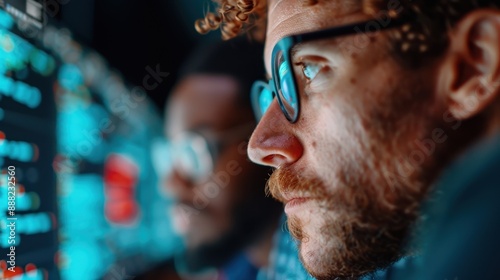 A diligent developer is seen concentrating on multiple computer screens displaying complex code and data, engrossed in their work within a technologically advanced workspace. photo