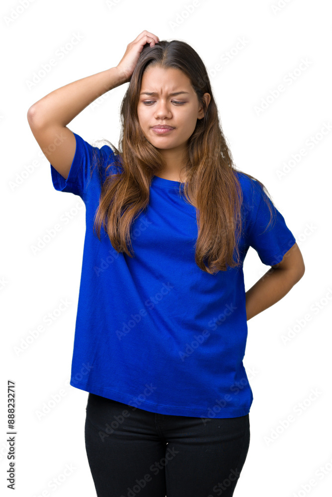 Young beautiful brunette woman wearing blue t-shirt over isolated background confuse and wonder about question. Uncertain with doubt, thinking with hand on head. Pensive concept. Young beautiful brunette woman wearing blue t-shirt over isolated background confuse and wonder about question. Uncertain with doubt, thinking with hand on head. Pensive concept.