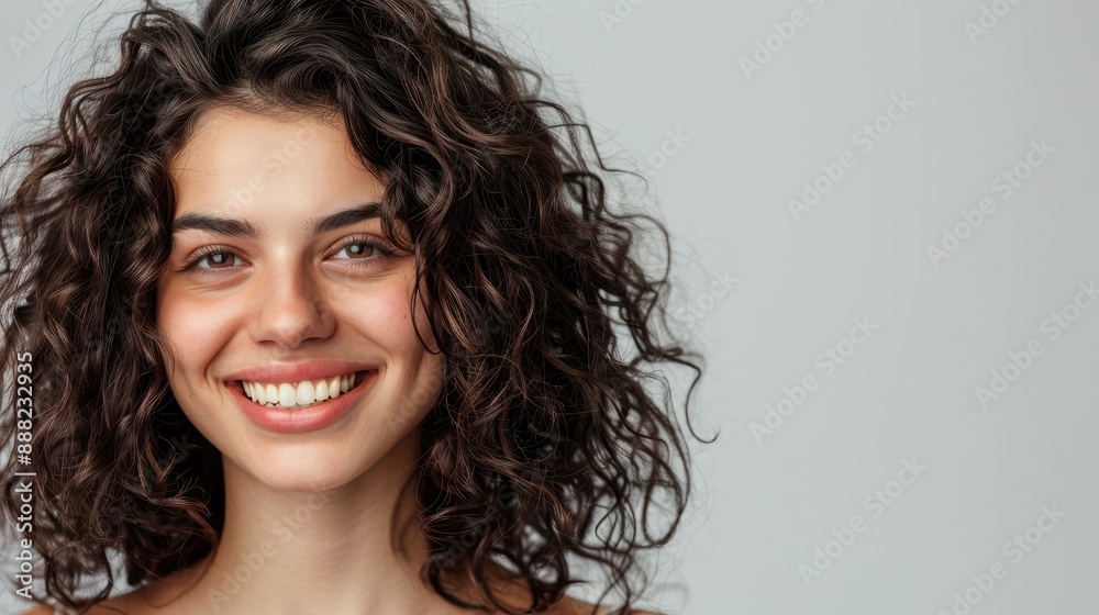 portrait of a happy young brunette woman with curly hair smiling isolated over gray background portrait of a happy young brunette woman with curly hair smiling isolated over gray background