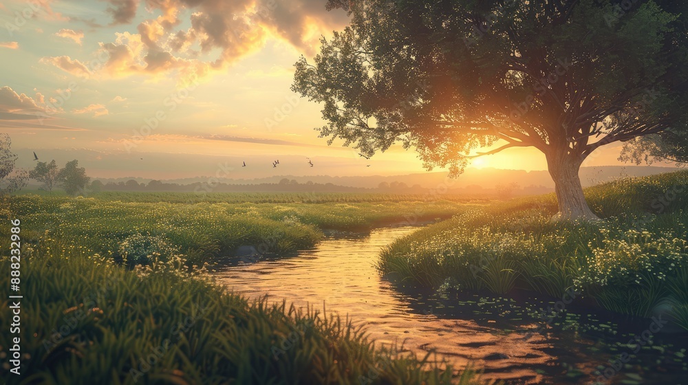 A peaceful countryside landscape at sunset A peaceful countryside landscape at sunset