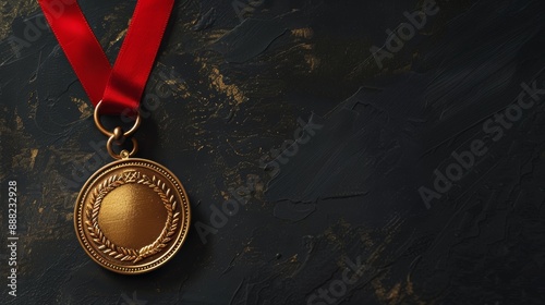 Gold First Place Medal with Red Ribbon on Matte Black Background for Award and Achievement Recognition photo